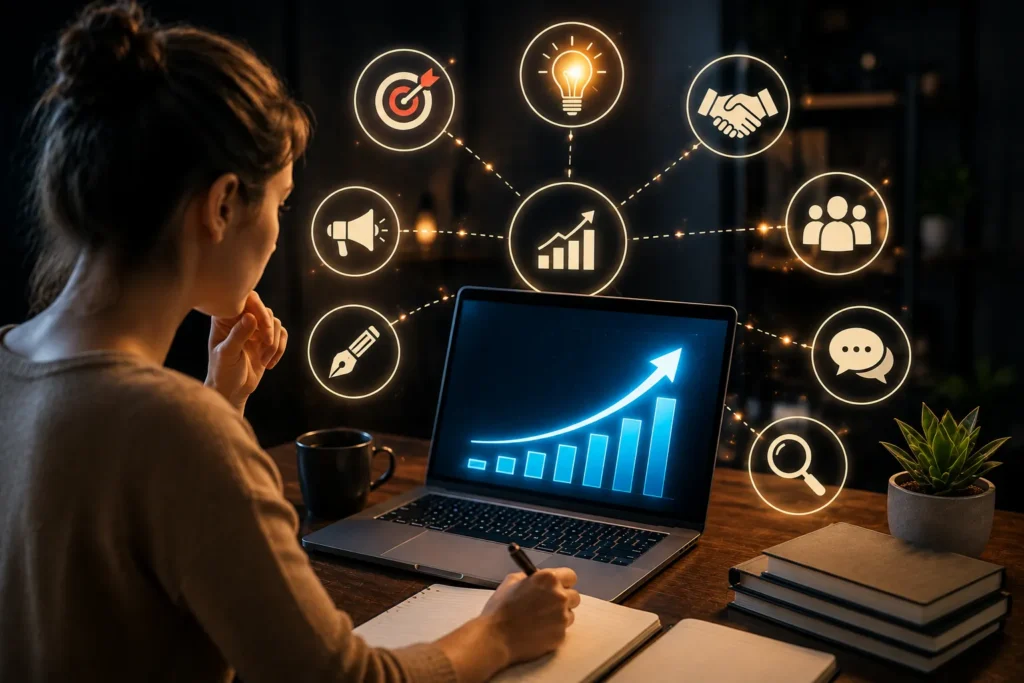 Pessoa estudando estrat&eacute;gias de marketing em um notebook com gr&aacute;fico de crescimento, cercada por &iacute;cones que representam comunica&ccedil;&atilde;o, criatividade, an&aacute;lise de dados, pesquisa, planejamento e desenvolvimento de habilidades para atuar como afiliado.