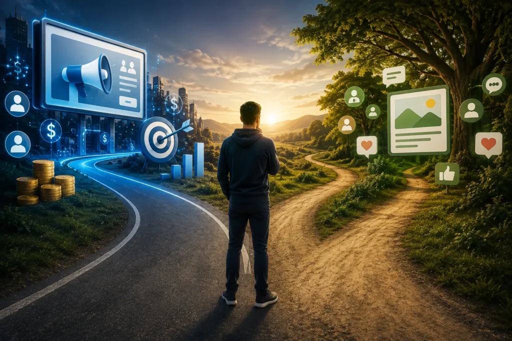 Pessoa observando dois caminhos que representam estrat&eacute;gias de marketing digital, com um lado simbolizando tr&aacute;fego pago e o outro tr&aacute;fego org&acirc;nico, acompanhados de elementos como gr&aacute;ficos, an&uacute;ncios, redes sociais e crescimento de audi&ecirc;ncia.