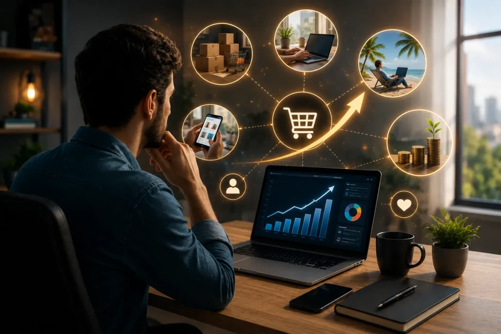 Pessoa analisando resultados no notebook enquanto observa diferentes cen&aacute;rios de trabalho online, vendas, crescimento financeiro e estilo de vida, representando as oportunidades do marketing de afiliados na atualidade.
