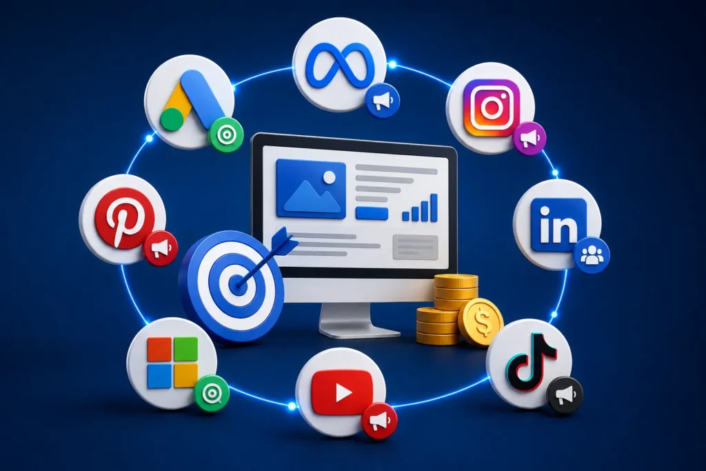 Plataformas digitais de publicidade conectadas a um painel de anúncios
