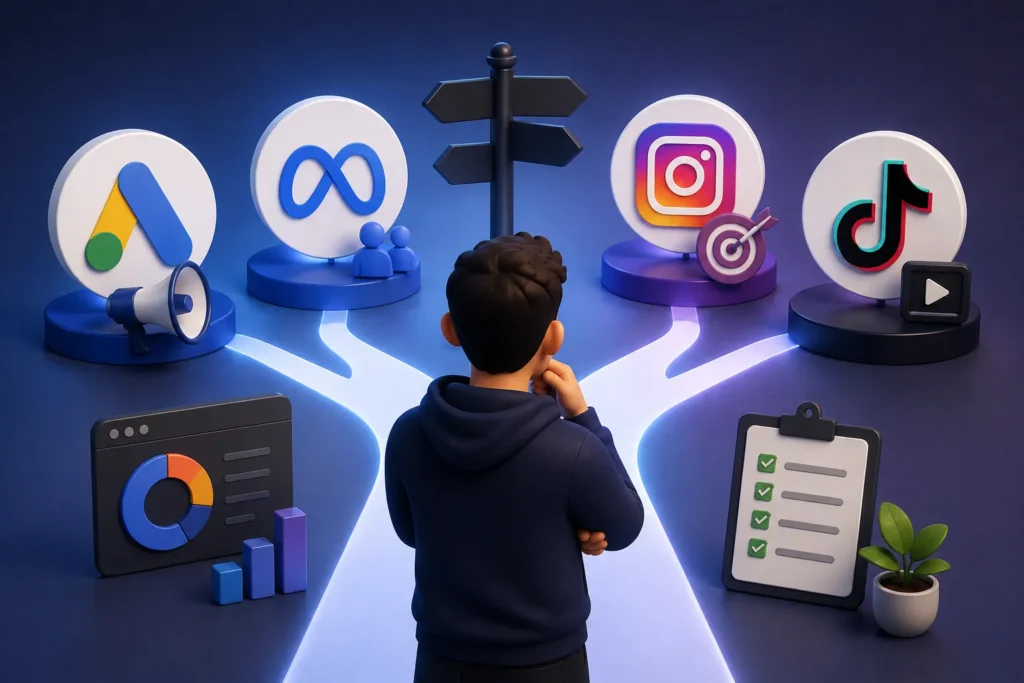 Pessoa escolhendo entre diferentes plataformas de publicidade digital para iniciar uma campanha