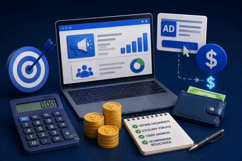 Investimento em anúncios digitais com orçamento, segmentação e análise de resultados
